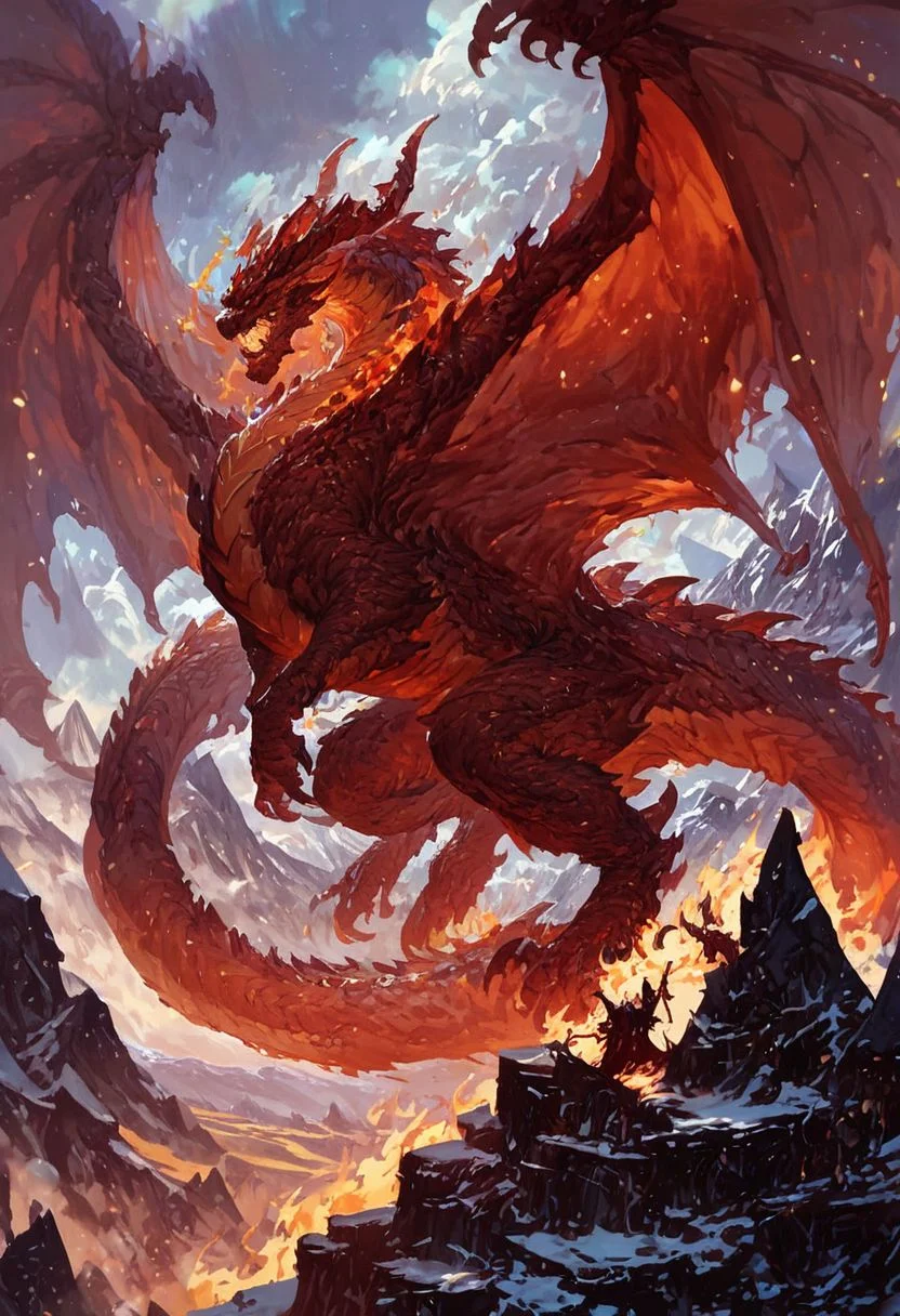 score_9, score_8_up, score_7_up, score_6_up, score_5_up, score_4_up, gigantic dragon, teeth, horns, long tail, wings, mountains, fire aura,fantasy,solo focus,epic