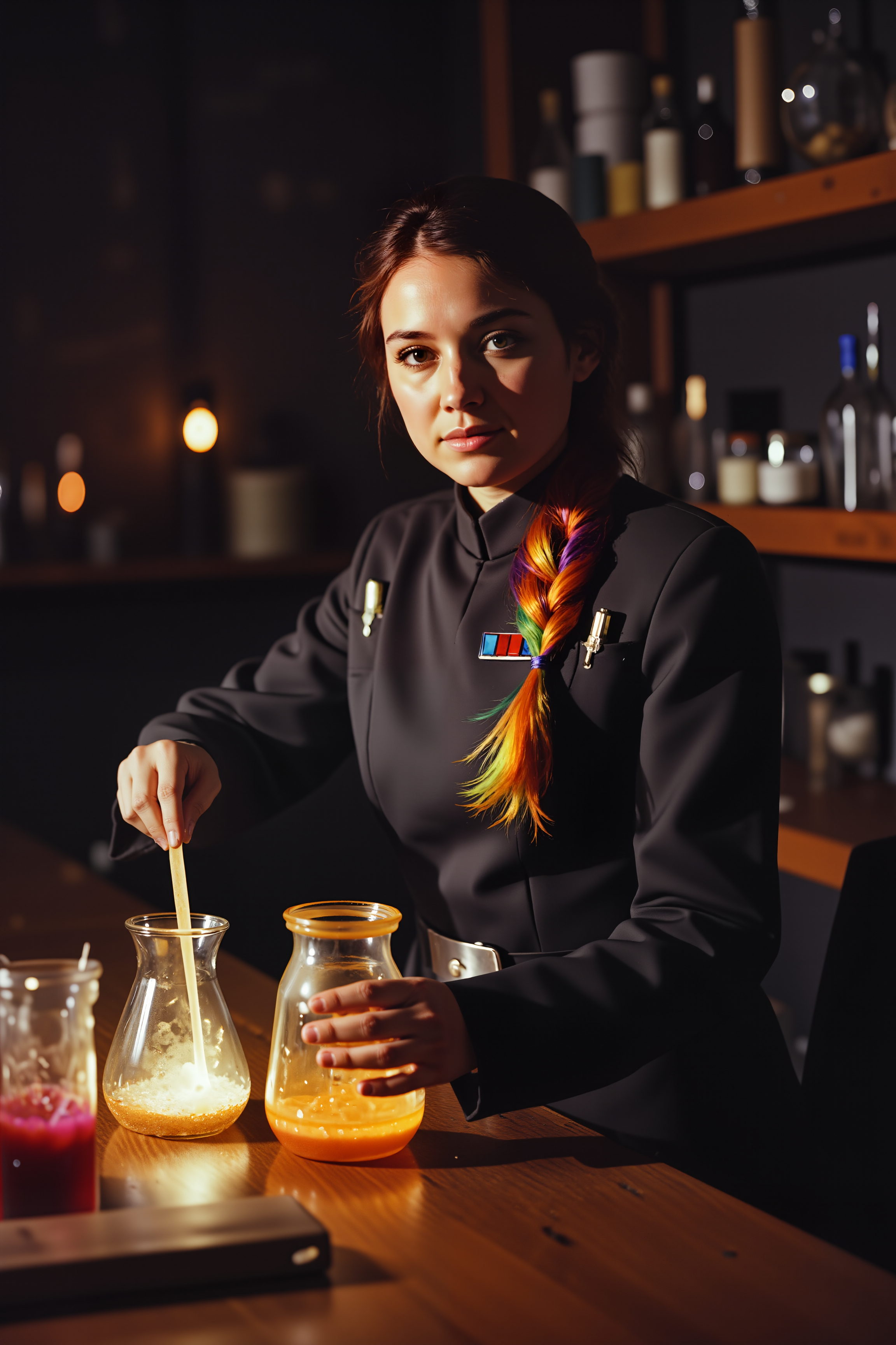 A striking imperial officer with long, flowing rainbow-colored hair tied into a loose braid stands at a massive wooden alchemy table, her uniform sleeves meticulously rolled up to avoid the bubbling, multicolored liquids in the glass vials around her. The dimly lit stone chamber is lined with shelves full of exotic ingredients, glowing crystals, and ancient scrolls. Her piercing violet eyes focus intently as she carefully pours a shimmering golden liquid into a beaker, the reaction causing a swirl of vibrant colors to erupt in the air. Despite the chaotic nature of the alchemical experiment, her posture remains disciplined, the sharp lines of her uniform contrasting against the wild, arcane beauty surrounding her.<lora:IMPOFF_FLUX>, <lora:sxz-Vintage-Fantasy-Flux:0.45><lora:n30nfilm:0.8><lora:lith_mimosa_kiel_grw134_FLUX:0.45><lora:DreamArtFluxV1.0:0.55><lora:shrooms-house-000012:0.3>