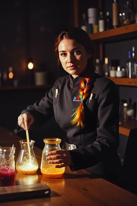 A striking imperial officer with long, flowing rainbow-colored hair tied into a loose braid stands at a massive wooden alchemy table, her uniform sleeves meticulously rolled up to avoid the bubbling, multicolored liquids in the glass vials around her. The dimly lit stone chamber is lined with shelves full of exotic ingredients, glowing crystals, and ancient scrolls. Her piercing violet eyes focus intently as she carefully pours a shimmering golden liquid into a beaker, the reaction causing a swirl of vibrant colors to erupt in the air. Despite the chaotic nature of the alchemical experiment, her posture remains disciplined, the sharp lines of her uniform contrasting against the wild, arcane beauty surrounding her.<lora:IMPOFF_FLUX>, <lora:sxz-Vintage-Fantasy-Flux:0.45><lora:n30nfilm:0.8><lora:lith_mimosa_kiel_grw134_FLUX:0.45><lora:DreamArtFluxV1.0:0.55><lora:shrooms-house-000012:0.3>