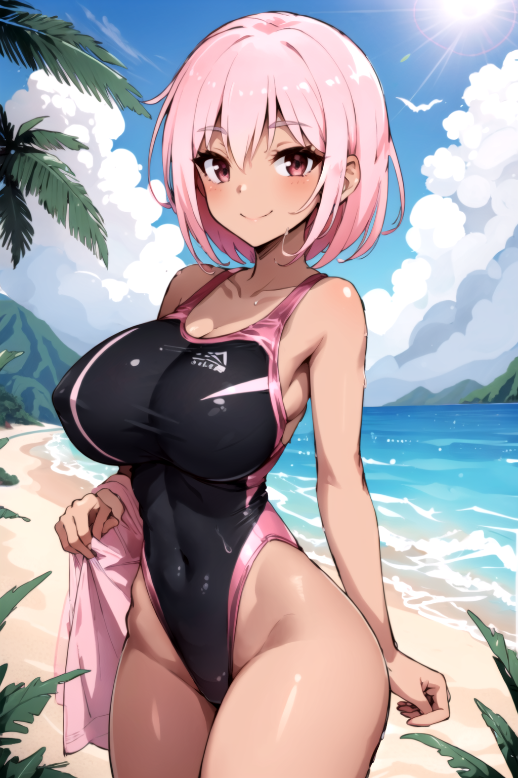 1girl,  large_breasts,  short_hair,  pink_hair,  sun,  beach,  swimsuit,  school_swimsuit,  seductive_smile,  slight_smile,  dark_skin,<lora:EMS-214353-EMS:0.700000>
