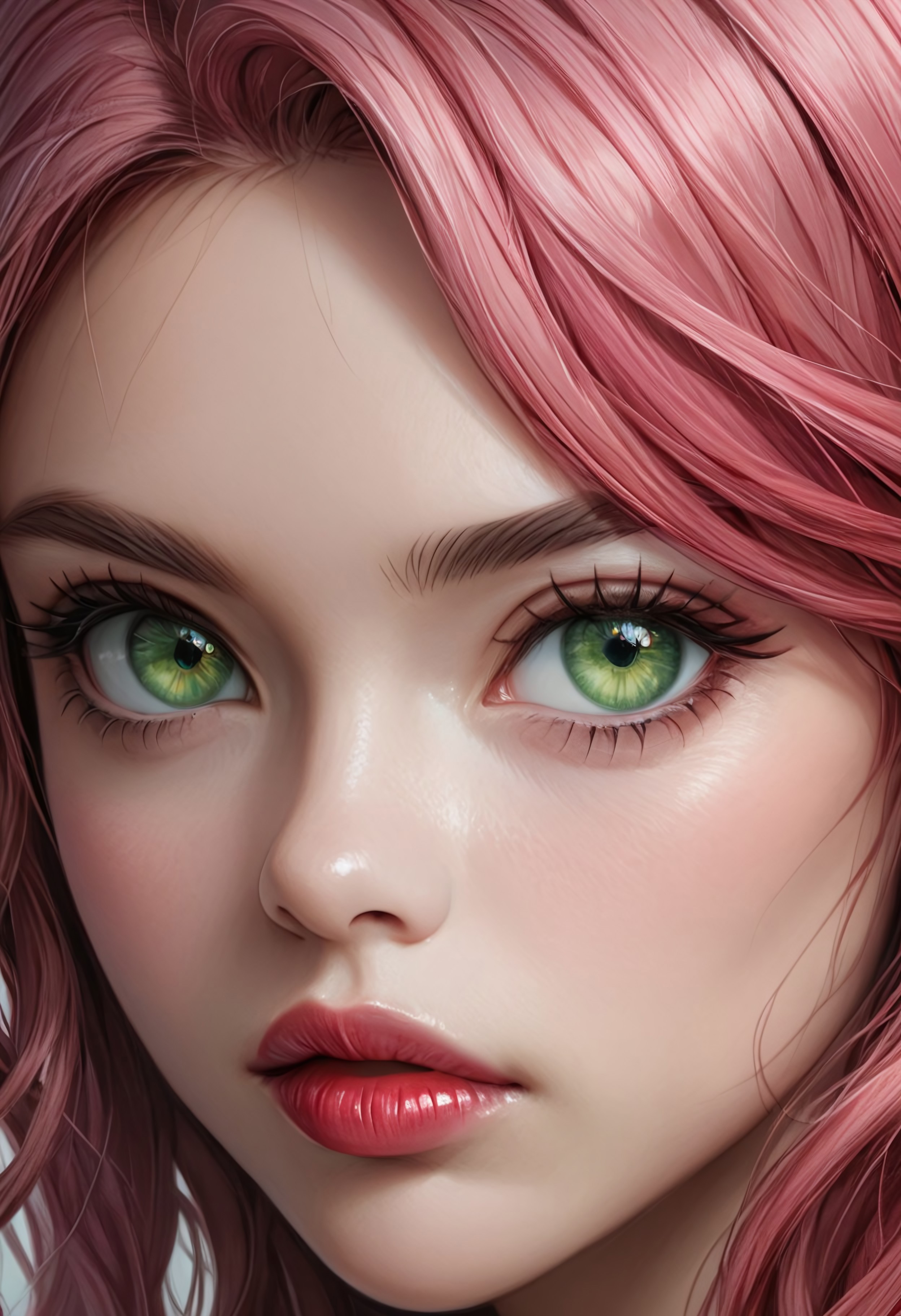 best quality,masterpiece,highly detailed,ultra-detailed,close up of woman face, pretty face, strong jaw line, 1girl, pink hair, red lips, green eyes
