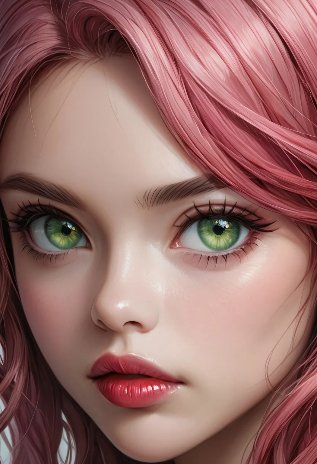 best quality,masterpiece,highly detailed,ultra-detailed,close up of woman face, pretty face, strong jaw line, 1girl, pink hair, red lips, green eyes