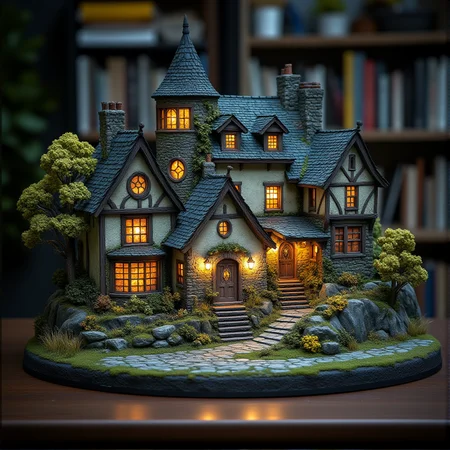 This is a miniature diorama that recreates a town lined with old buildings reminiscent of Medieval Europe, and a world where young, beautiful witches fly through the sky on broomsticks. It is placed next to a grimoire. Each roof and wall is carefully weathered, and professional lighting gives it an indistinguishable finish from the real thing.
<lora:Flux.1_Turbo_Detailer:0.7>, <lora:Diorama_Flux:0.9>