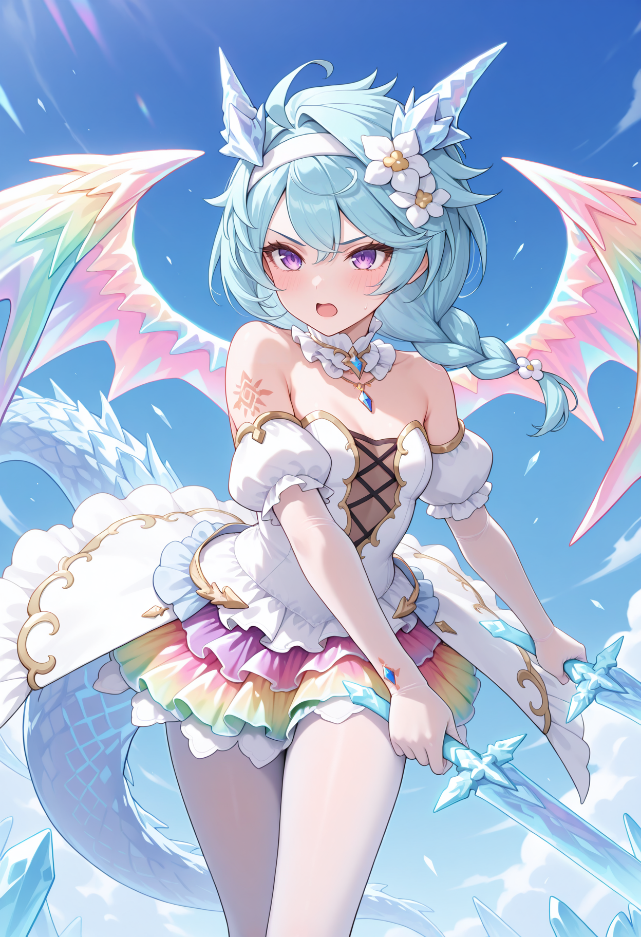 pcrsheffy, blue hair, long hair, braid, purple eyes, dragon tail, dragon horns, dragon wings, ahoge, arm tattoo, purple eyes, sffypform, white dress, hair flower, multicolored wings, rainbow wings, white hairband, cross-laced dress, detached collar, jewelry, bare shoulders, puffy sleeves, strapless, detached sleeves, elbow gloves, gold trim, overskirt, multicolored skirt, rainbow skirt, frills, white pantyhose, blue sky, serious, open mouth, holding sword, ice sword, blush, dynamic pose,<lora:_sheffy_pcr-elesico-ilxl-v11A-15:1> highres, best quality, masterpiece, see-through cutout, dual wielding,
1girl, solo,