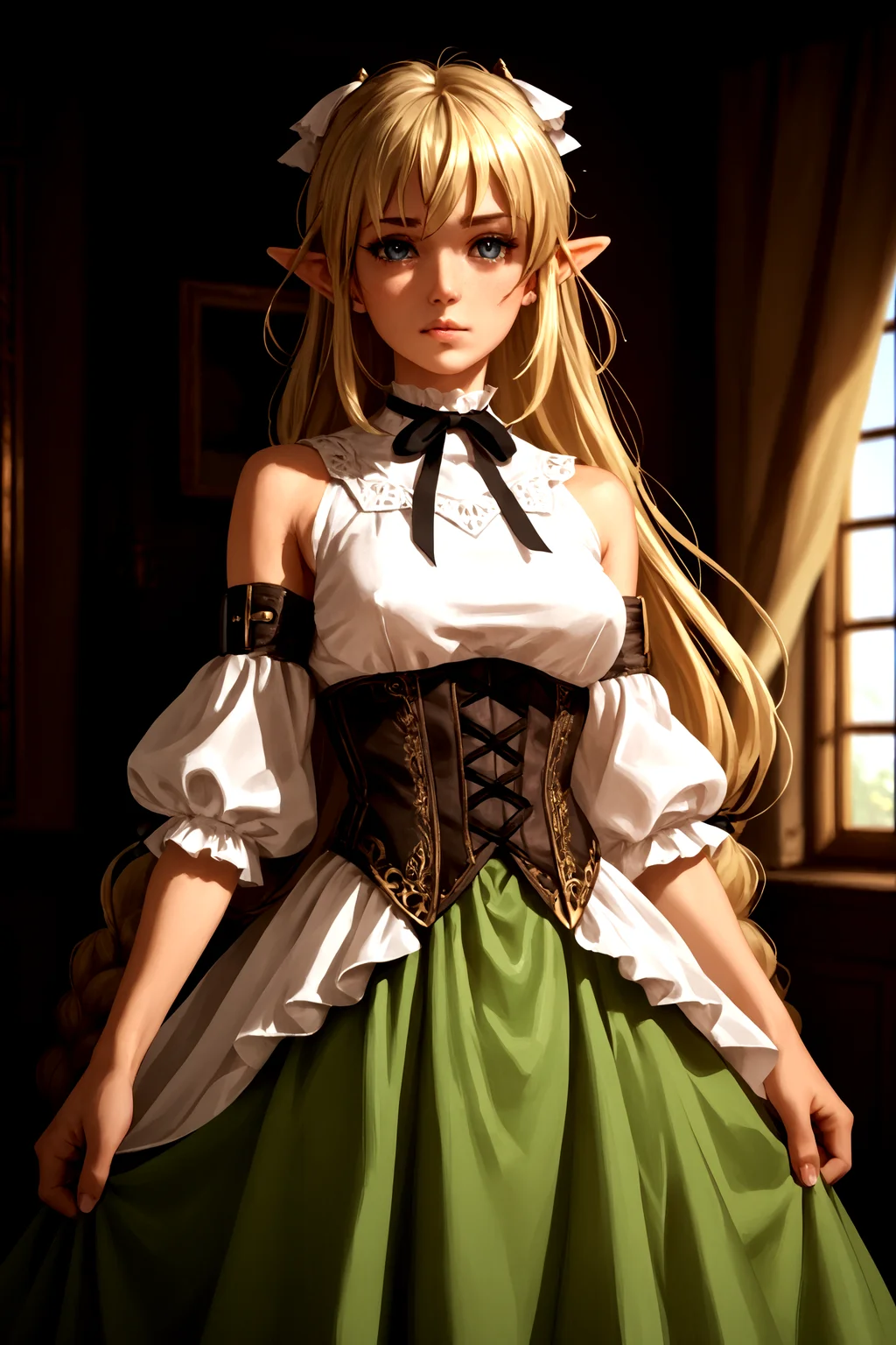 score_9, score_8_up, score_7_up, score_6_up, score_5_up, score_4_up, (high quality, detailed, beautiful) lyrule, std_outfit, black_ribbon, corset, bare_shoulders, dress, <lora:LyrulePonyTagBetterV3-000007:0.99> cowboy_shot,