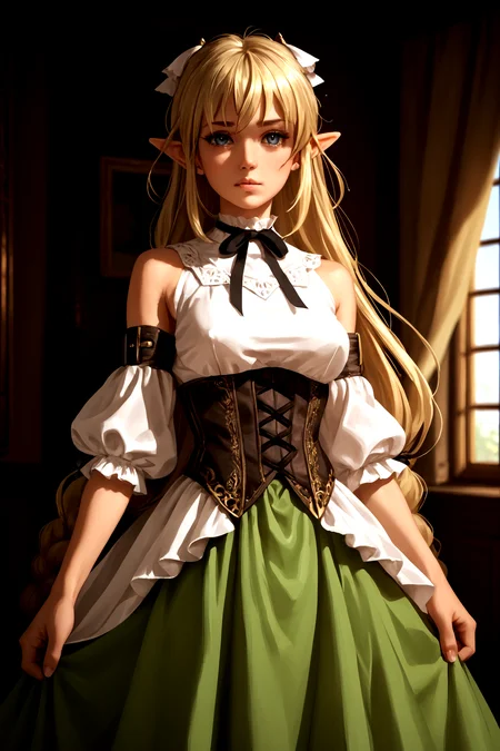 score_9, score_8_up, score_7_up, score_6_up, score_5_up, score_4_up, (high quality, detailed, beautiful) lyrule, std_outfit, black_ribbon, corset, bare_shoulders, dress, <lora:LyrulePonyTagBetterV3-000007:0.99> cowboy_shot,