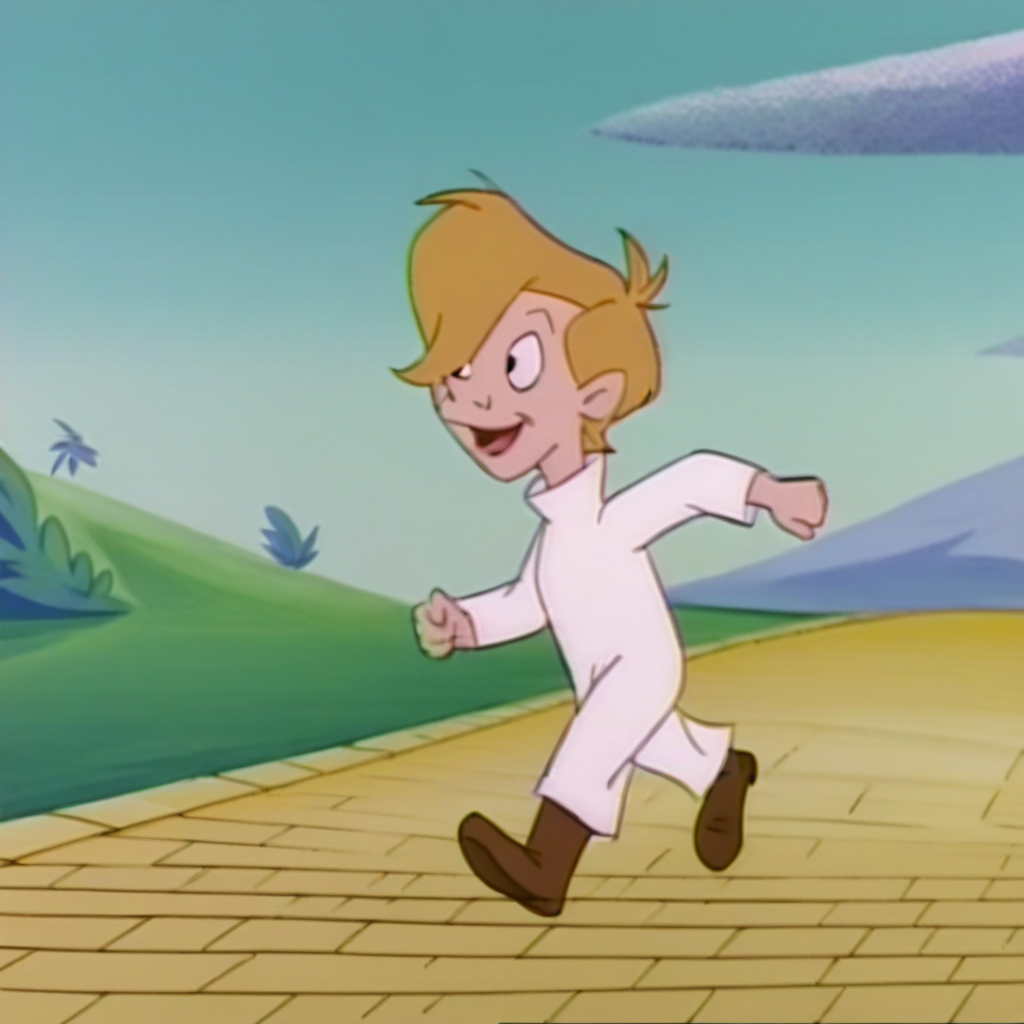 frankdiggs, blonde hair, 1boy, human, male child, black eyes, solo, long white shirt, upper body, brown footwear, male focus, standing, accurate, happy, outdoors, smile, jogging on yellow brick road, <lora:Frank_Diggs_Oz_Kids:1>