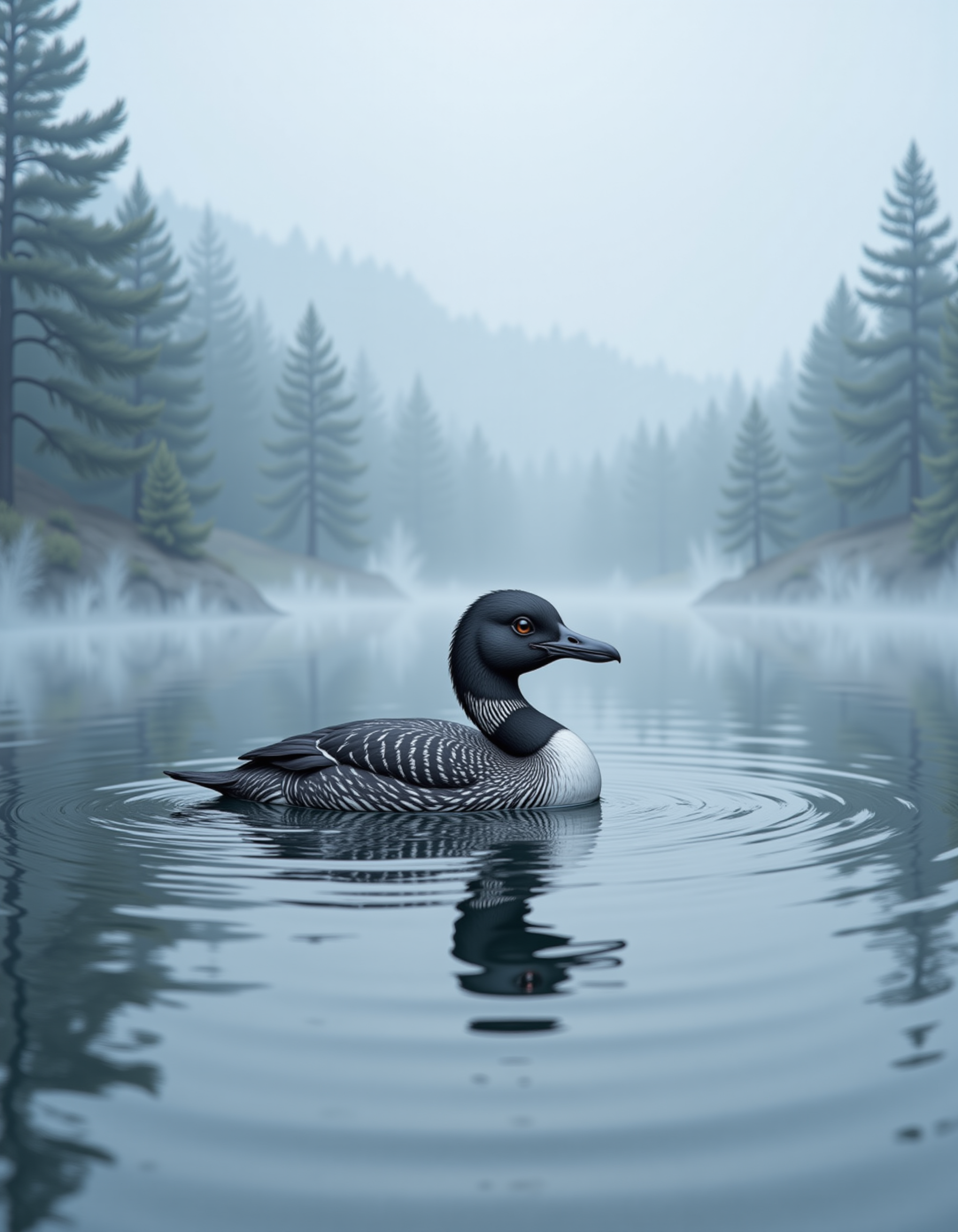 hyp3rd3tail stylea closeup of a loon floating in a misty morning lake