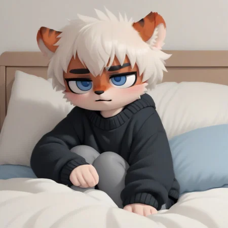 ((milkytiger)), white hair, blue eyes, tiger, furry, black sweater, gray shorts, 1boy, solo, sitting, in bed, shy, blush