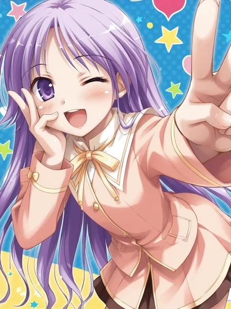 detailed background, shiny skin, posing, rating safe, 
<lora:watajun.pony:1>,
watajun, 
one eye closed, v, peace,  open mouth, 
leaning forward,