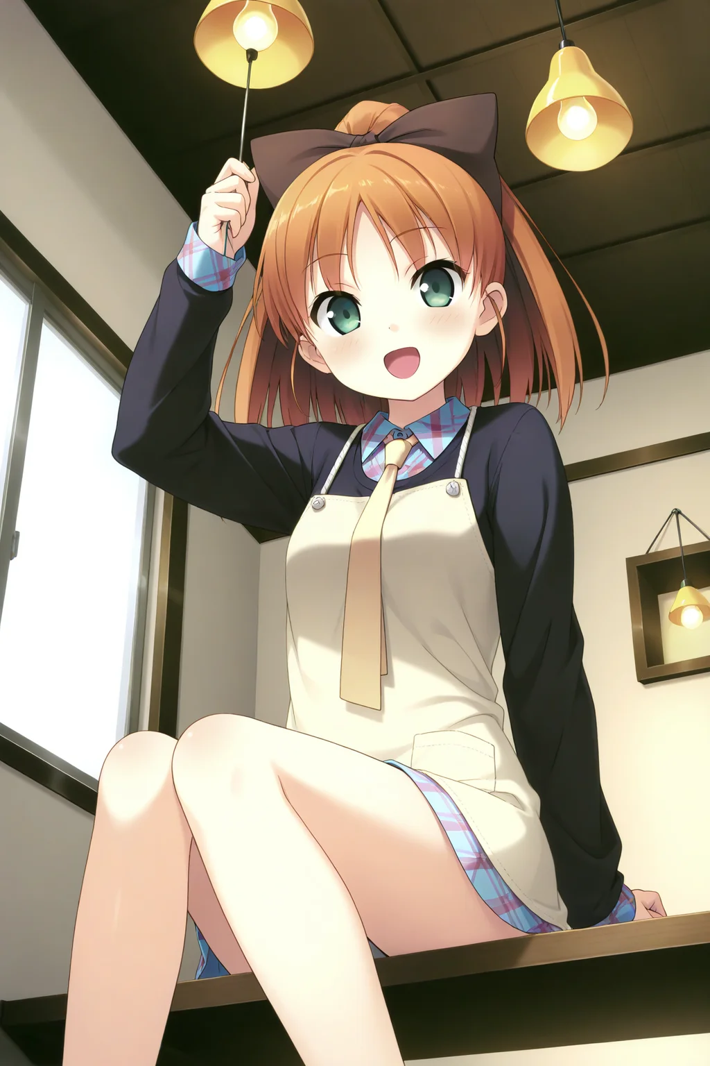 masterpiece, best quality, absurdres, official art, official style, rating general BREAK <lora:minagawayuuhi_IL_v1-1:0.7>, minagawa yuuhi, 1girl, solo, open mouth, green eyes, brown hair, orange hair, short hair, high ponytail, wide ponytail, hair bow, large bow, black bow, medium breasts, yellow necktie, black sweater, light blue shirt, dress shirt, plaid shirt, collared shirt, long sleeves, sleeves past wrists, yellow apron, no pants, bottomless, bare legs, no socks, sneakers, blush, :d, sitting, arms up, holding light bulb, looking at viewer, from below, indoors, window, stairs, kitchen, day, light bulb, ceiling, dutch angle, ceiling light