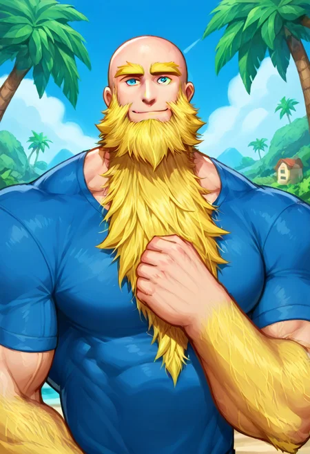 score_9, score_8_up, score_7_up, score_6_up, score_5_up, score_4_up, rating_questionable <lora:gomtang_style_1:1>, <lora:add-detail-xl:1.5>, Completely Bald, Half Body, Flexing Muscle With One Arm, (Tropical House Scenery), 1boy, {Strong Triangular Jawline}, bodybuilding, {massive pectoral}, {beefy muscle}, Tall, Goliath, Rugged Features, Chiseled Features, Mature Male, 40-Year Old Man, {Thick Yellow Eyebrows}, {Blue PE Teacher Shirt, PE Outfit}, Blue Eyes, Brawl Stars Style, Saying Hi, Closed Mouth Smile, Highlights,, Bald, Strong Neck, Epic Beard, {Very Long Beard}, Big Beard, Small Waist, Huge Biceps, ({Yellow Beard}), GomTang, {very long big epic beard), <lora:Cruz'sBeardedMan:0.7>, Looking At Viewer, Masterpiece, (Neck Mane, Beard Covering Neck, Beard Covering Chest), Hairy, 5 finger