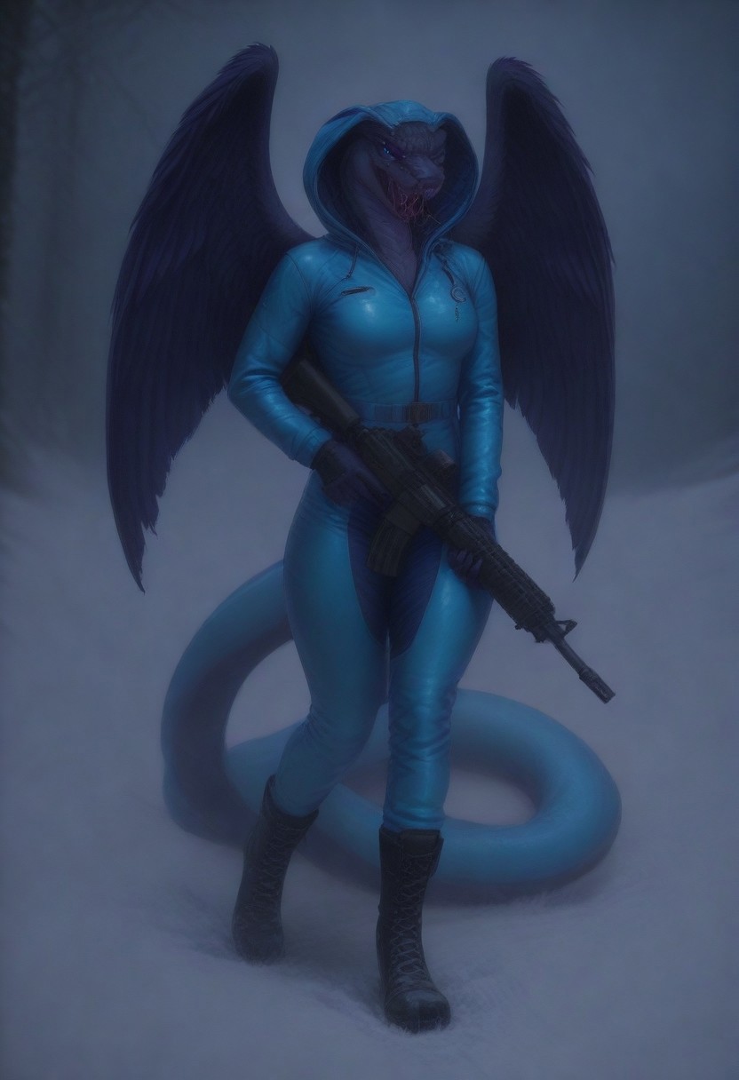 snow suit, hood, bodysuit,hood up, boots, 1boy, snow, solo, winter, full body, holding weapon, rifle, m16, assault rifle, trigger discipline, Snakegirl,no humans, colored skin, fangs, facial mark, slit pupils, furry, colored sclera, black sclera, snake, scales, furry female, multicolored skin, alien, squama, ElyssaTF, v1p3r, monster girl, snake, scales, fangs, forked tongue, jastaf, Coatl-IL-V1.0,  Coatl, snake, serpent, winged snake, winged serpent, wings, feathered wings, feathers, vergeillust,  very aesthetic,