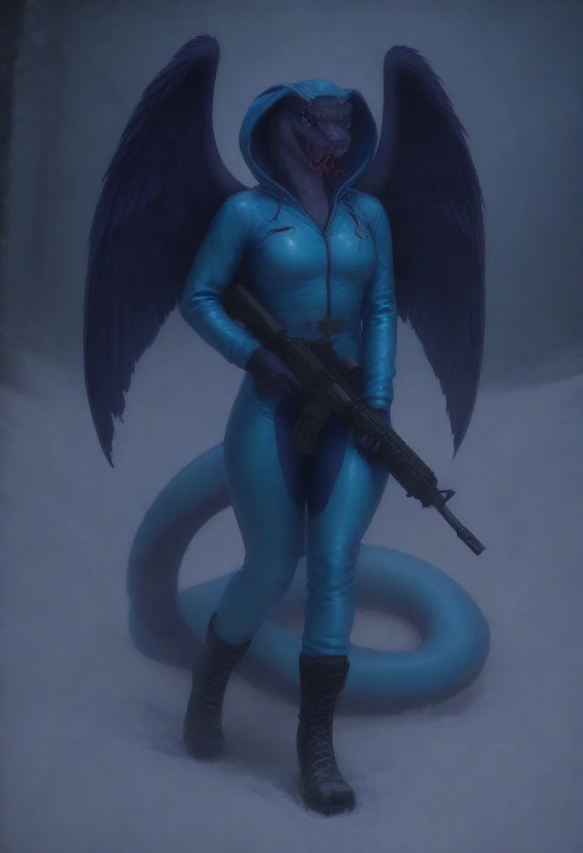 snow suit, hood, bodysuit,hood up, boots, 1boy, snow, solo, winter, full body, holding weapon, rifle, m16, assault rifle, trigger discipline, Snakegirl,no humans, colored skin, fangs, facial mark, slit pupils, furry, colored sclera, black sclera, snake, scales, furry female, multicolored skin, alien, squama, ElyssaTF, v1p3r, monster girl, snake, scales, fangs, forked tongue, jastaf, Coatl-IL-V1.0, Coatl, snake, serpent, winged snake, winged serpent, wings, feathered wings, feathers, vergeillust, very aesthetic,