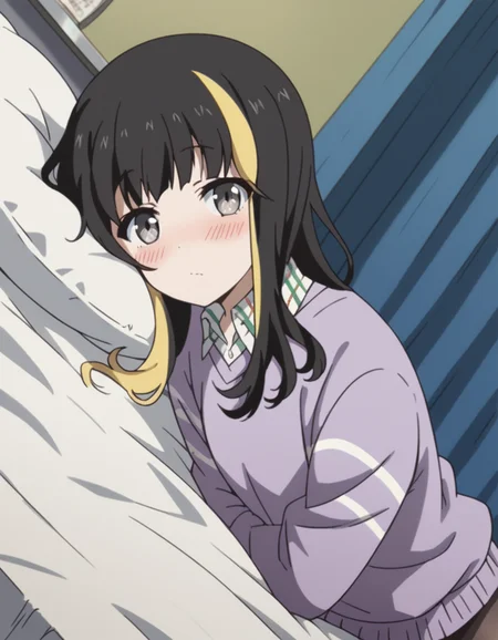 score_9, score_8_up, score_7_up, source_anime, tsubakiandou, <lora:tsubaki-andou-s1-ponyxl-lora-nochekaiser:1>, tsubaki andou, long hair, blonde hair, black hair, multicolored hair, streaked hair, grey eyes,, skirt, shirt, pantyhose, collared shirt, sweater,, indoors, bed, bed room, on side, blush, drunk, looking at viewer, solo, cowboy shot, dutch angle