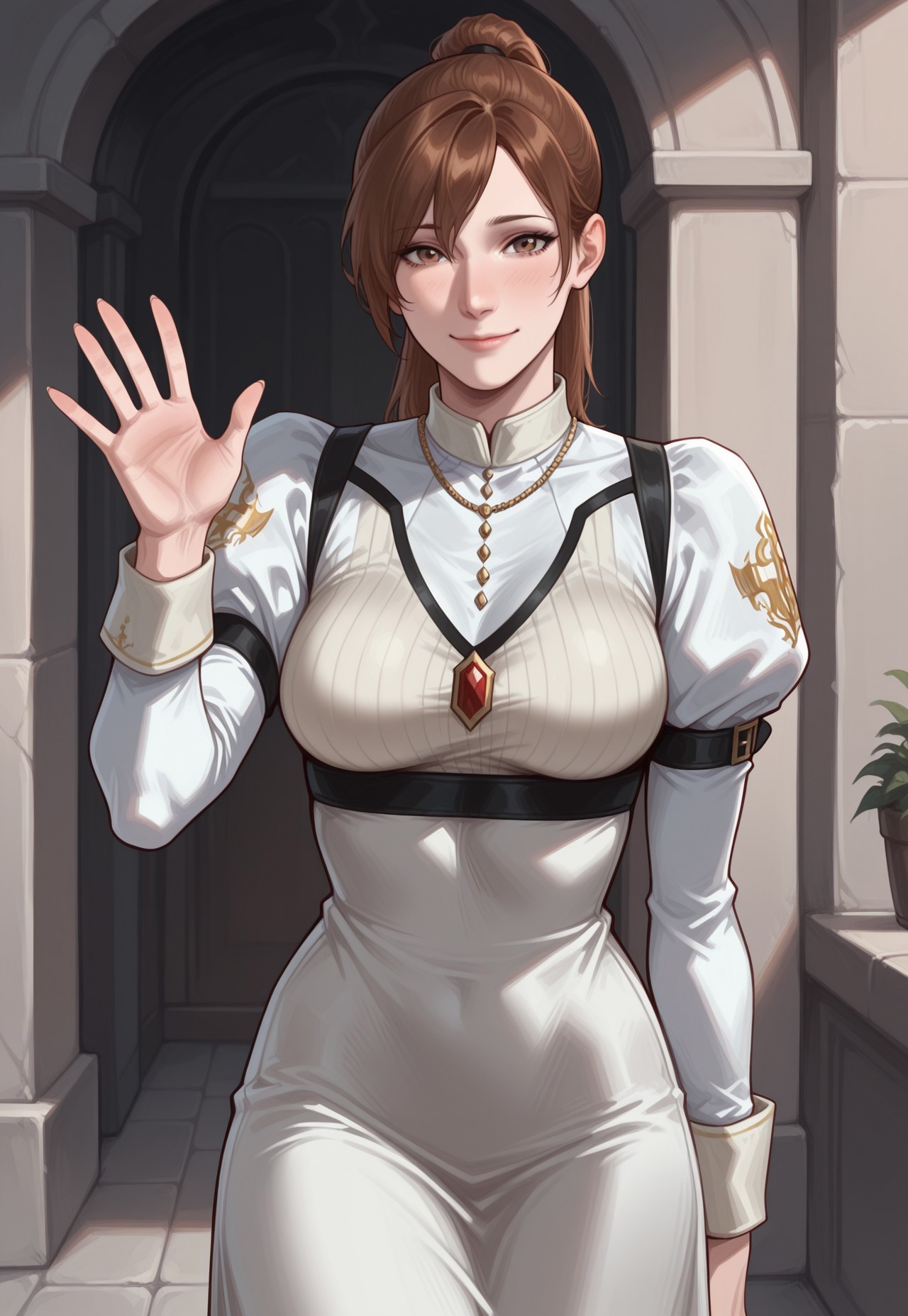 masterpiece, best quality, detailed, realistic, cowboy shot, soft smile, 1girl, solo, kyriedmc, brown hair, long hair, brown eyes, ponytail, dress, juliet sleeves, necklace, waving, 