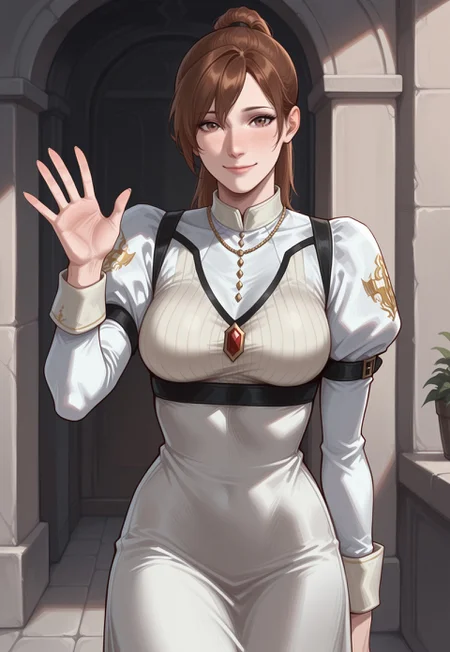 masterpiece, best quality, detailed, realistic, cowboy shot, soft smile, 1girl, solo, kyriedmc, brown hair, long hair, brown eyes, ponytail, dress, juliet sleeves, necklace, waving,