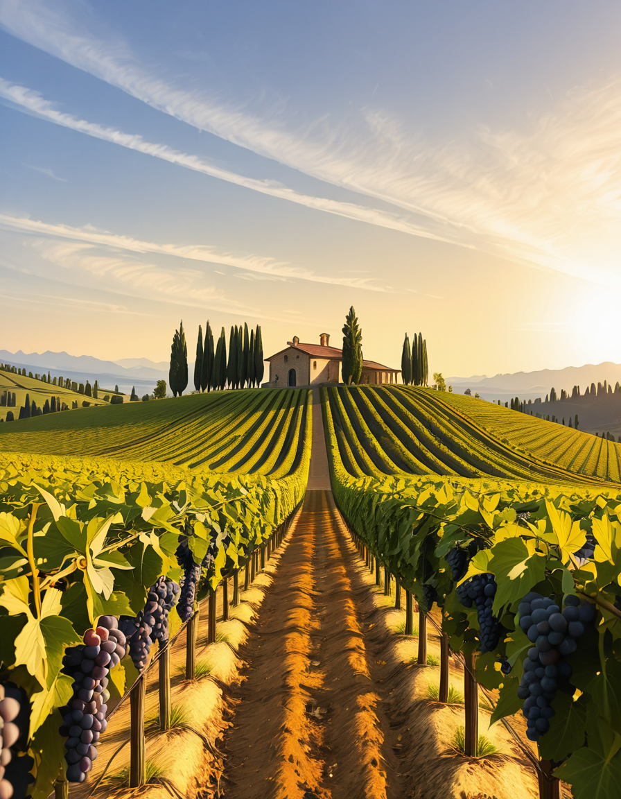 A breathtaking vineyard stretching across rolling hills, bathed in the warm golden light of late afternoon. The neatly aligned rows of grapevines are lush and vibrant, their deep green leaves contrasting with the rich, fertile soil beneath them. The vines are heavy with ripe, plump grapes in shades of deep purple and rich green, glistening under the sunlight. In the background, a rustic stone farmhouse with a terracotta roof sits atop a small hill, surrounded by tall cypress trees. A narrow dirt path winds through the vineyard, leading towards the farmhouse. The sky is a soft blue with wispy clouds scattered across the horizon. In the distance, a range of low mountains adds depth to the landscape. The atmosphere is peaceful and idyllic, evoking the charm of a traditional wine-growing region like Tuscany or Bordeaux. 
<lora:SDXLFaeTastic2400:0.4> <lora:extremely_detailed:0.4> extremely detailed
,v1n3y4rd <lora:v1n3y4rd-i:1>, Masterpiece,best quality,hi res,8k,hi res,8k,award winning,(sharp focus, intricate, highly detailed),