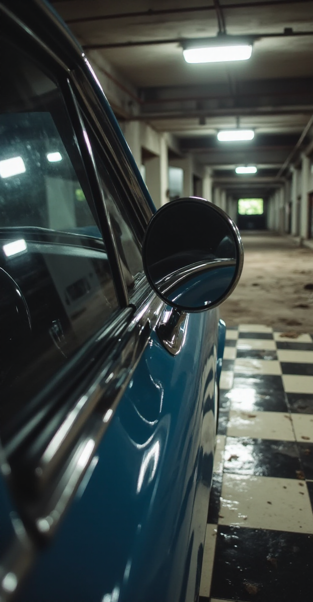 A tight shot of the chrome side mirror reveals a distorted reflection of the parking structureâs dim lighting, curving along the polished surface. The dark-tinted window reflects the overhead black-and-white checkered vinyl flooring, its bold pattern stretching endlessly in both directions, giving the illusion of a deeper, infinite space. The air is still, thick with the scent of old rubber and faint gasoline, the silence pressing in from all sides as the empty parking lot lingers in a moment of perfect, unsettling quiet.
<lora:Liminal-Space-Flux:0.7>  <lora:ral-nssndtsn:0.9>
