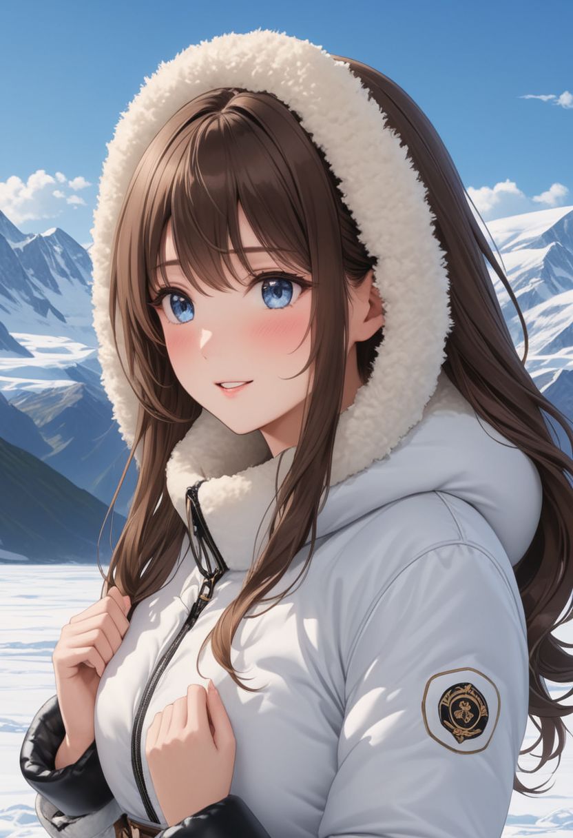 ((((white Oversized shearling down jacket)))), ((((white Oversized shearling puffer jacket)))), ((((white Oversized shearling winter clothes)))), ((((very very cold, in cold)))), ((((semi-realistic)))), ((((feet out of frame)))), ((((puffer hood)))), ((medium knee office skirt, pantyhose, boots)))), ((sharp eyelid, eyeliner, eyelashes, beautiful detailed eyes, tsurime, long messy brown hair, blue eyes, perfect anatomy)), smile, standing, icefield, dynamic pose, ((((masterpiece)))), ((((best quality)))), ((intricate details)), RAW, 8K UHD, (1girl), office lady, detailed face, beautiful face, charming, bonny, (((blush))), (((heavy breathing))), (((feels orgasm))), wind, (Thick padded collar:1.4), (TSH:1.4), (Thick padded cuffs:1.4)