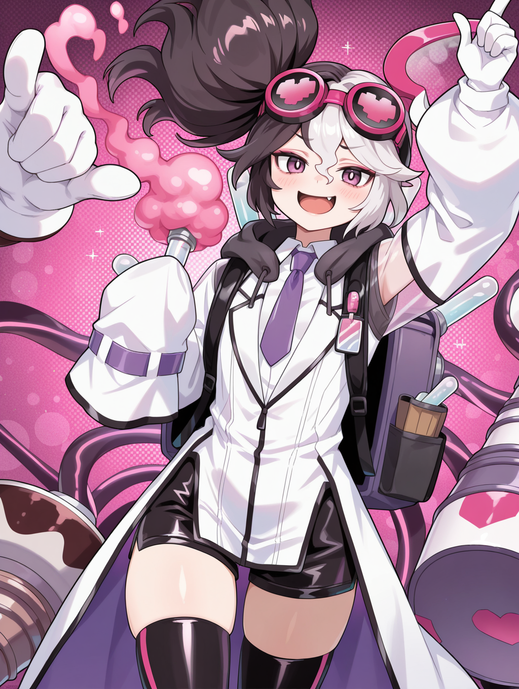 vanquish soul dr. mad love, 1girl, solo, fang, open mouth, smile, looking at viewer, tentacles, single sleeve past fingers, blush, pointing up, side ponytail, :d, cowboy shot, white hair ornament, goggles on head, white collared shirt, white labcoat, purple necktie, single white glove, black short shorts, black thighhighs, drill, backpack, extra mechanical arms, huge hammer, purple smoke, holding test tube, test tube, official style, polka dot background,
masterpiece,best quality,amazing quality,very aesthetic,absurdres,newest,<lora:Vanquish Soul Dr. Mad Love illusXL v1.1:0.72>,