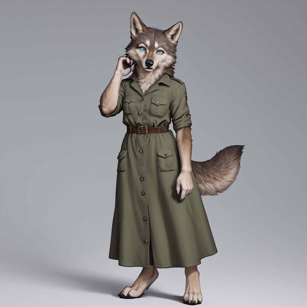 score_9, score_8_up, score_7_up, source_furry, detailed face, detailed eyes, incredible detail BREAK 1girl, solo, anthro, wide shot (furry female, wolf, light brown fur, monotone fur, light blue eyes,slightly wide hips, small breasts), black nose, whiskers, ear flop, solo, looking at viewer, FurryDalle, cartoon, toony, full body, hunter outfit, archer outfit, shy pose