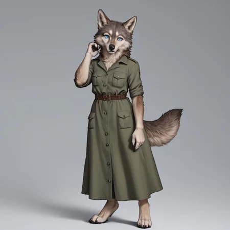 score_9, score_8_up, score_7_up, source_furry, detailed face, detailed eyes, incredible detail BREAK 1girl, solo, anthro, wide shot (furry female, wolf, light brown fur, monotone fur, light blue eyes,slightly wide hips, small breasts), black nose, whiskers, ear flop, solo, looking at viewer, FurryDalle, cartoon, toony, full body, hunter outfit, archer outfit, shy pose