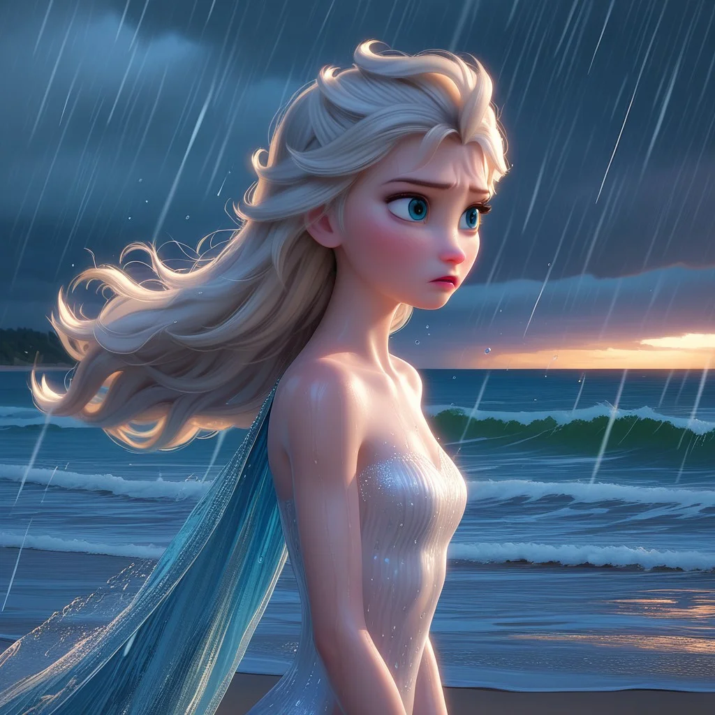 score_9, score_8, score_7, score_6, Elsa, 1girl, fFaceDetail, OverallDetail, beach, long hair, hair blowing in the wind, determined look, wet, tight silver dress, storm, windy, rain, at night, skinny