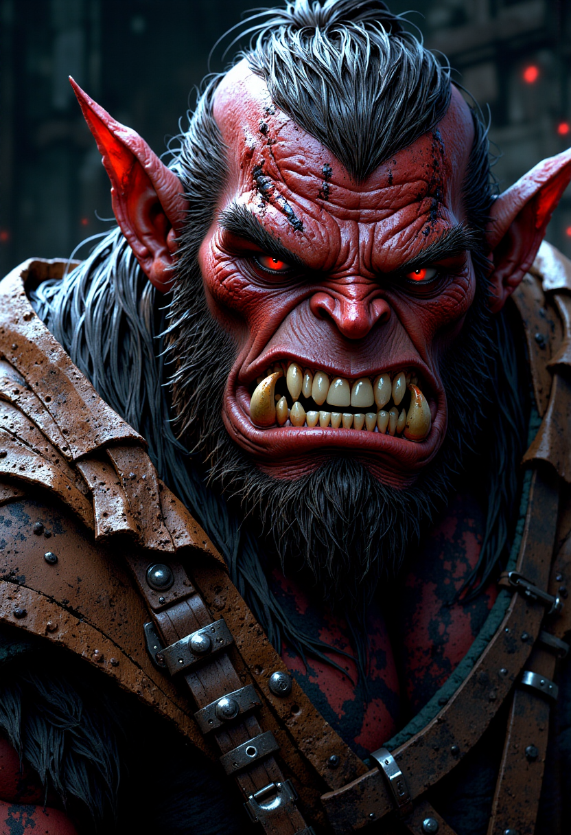mythp0rt, A closeup view of an atmospheric and powerful dark fantasy, natural organic and impressionist classical-style painting of a dark orc with a large nose and a ring on his nose. The creature has red eyes and a large mouth. He has a large belt around his neck with a silver buckle. There is a brown leather patch on his chest.
<lora:FluxMythP0rtr4itStyle:1>