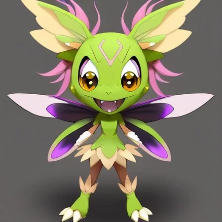 (samdoesarts style:1.3) a funny olive (fairy:1.2) monster Pokemon with pink hair, glowing eyes, Savanna, highly detailed, intricate