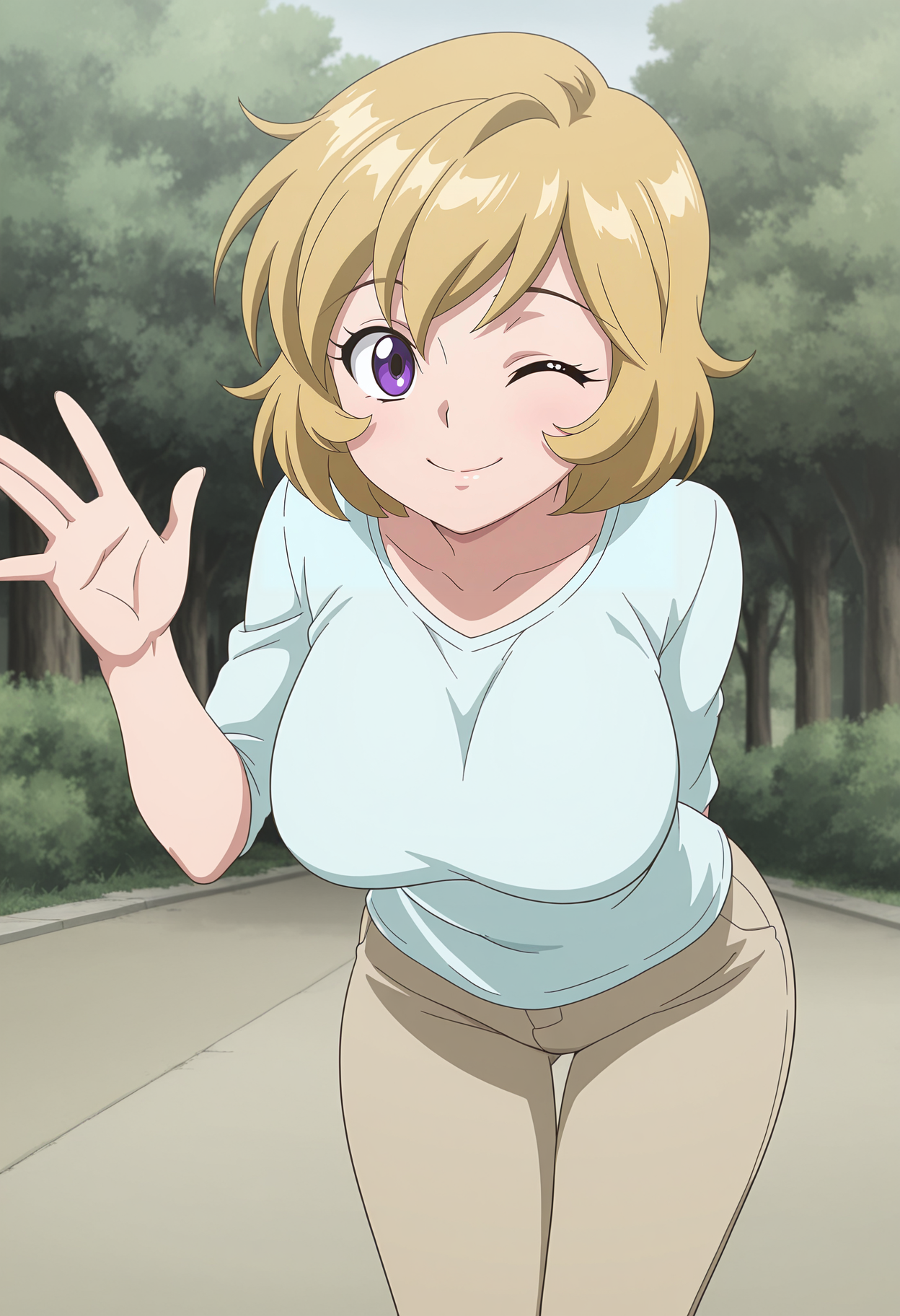 1girl,solo,mm,mature female,blonde hair,short hair,purple eyes,large breasts,anime coloring,
shirt,pants,arm behind back,leaning forward, waving,one eye closed, smile,looking at viewer, outdoors
,masterpiece,best quality,amazing quality,<lora:Enpi-chan-Dororon_Enma-kun_Meeramera:0.8>