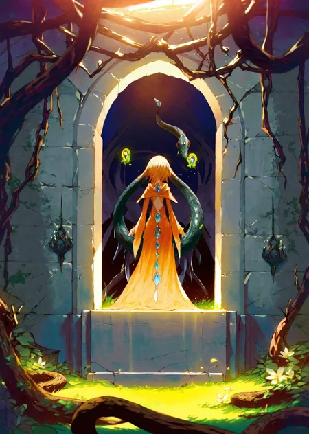 by wanke
, by poire
beautiful girl, 
 piercing eyes
 masterpiece, best quality, high quality, highres, absurdres, very detailed, high resolution, sharp, sharp image, 8k, vivid,stunning, anime, aesthetic
In the depths of an ancient dungeon, dimly lit torches cast flickering shadows on moss-covered stone walls. The air is thick with a musty scent, and the distant echoes of unseen creatures add an eerie ambiance. In the center of the dungeon, a courageous girl, adorned in worn but resilient armor, cautiously navigates the labyrinthine corridors.
Her path is illuminated by the soft glow of a magical crystal held in one hand, revealing intricate carvings and ancient runes on the dungeon walls. Sinister vines snake along the edges, hinting at an otherworldly presence. The girl's determined expression and the glint of a hidden key at her side suggest a quest for freedom or treasure, as she bravely faces the unknown challenges that lie ahead in this fantastical underground realm.