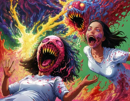 <lora:brho:0.7>brho, girl being consumed by creature with sharp teeth, person with exploding head, liquid goo splattering everywhere, psychedelic, person with no head
