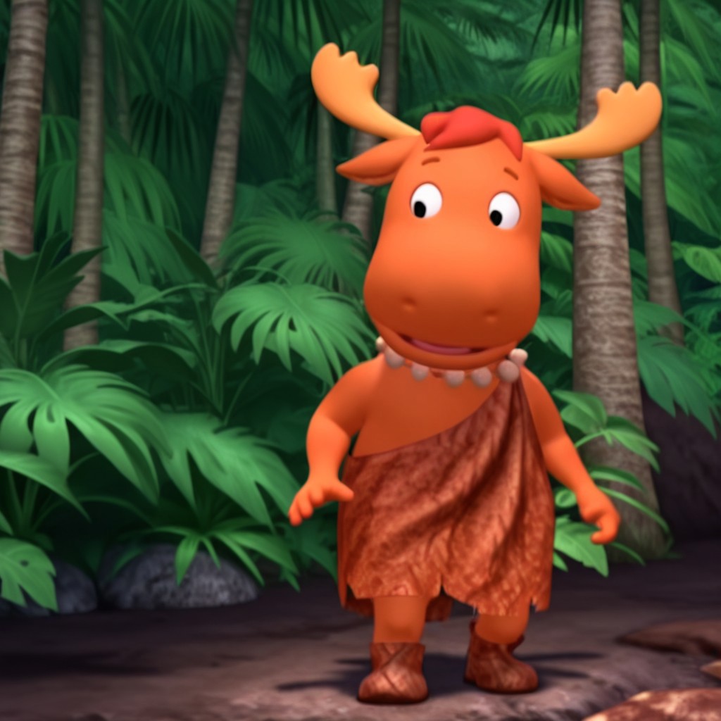 masterpiece, best quality, amazing quality, tyronemoosebyil, anthro, male, moose, orange fur, black eyes, antlers, red hair, brown caveman costume, brown shoes, necklace, standing, outside, jungle, solo, full body