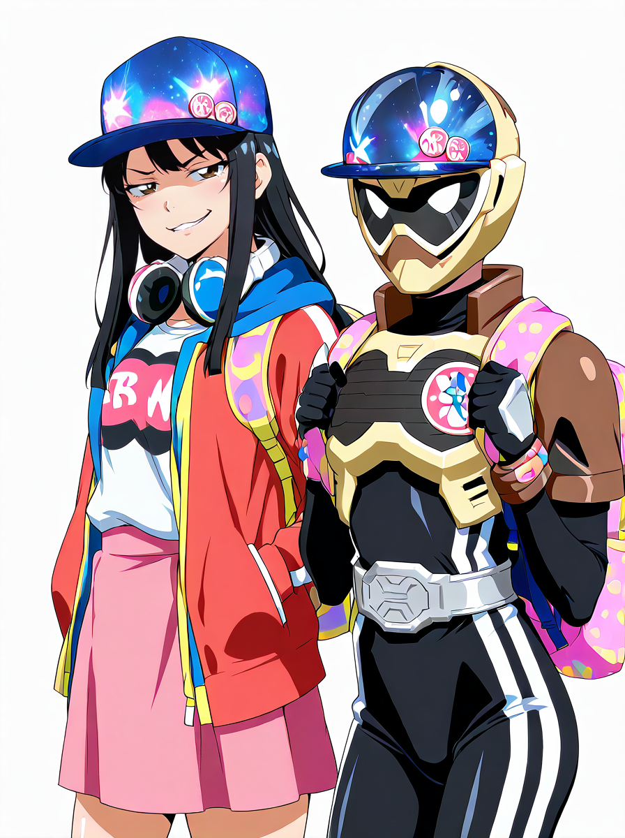 masterpiece, best quality, amazing quality, very aesthetic, absurdres, newest,shiny skin  anime screenshot,  anime coloring,   2girls side-by-side,  simple background,  white background, 
BREAK <lora:SaibaNicoILL:1>saibanico, 1girl, , black hair, jacket, hat, headphones, long hair, headphones around neck, skirt, baseball cap, shirt ,  smirk smug, 
BREAK <lora:RidePLayerILL:1>rideplayer, 1girl, female focus, , helmet, mask, bodysuit, belt, hat, bag, backpack