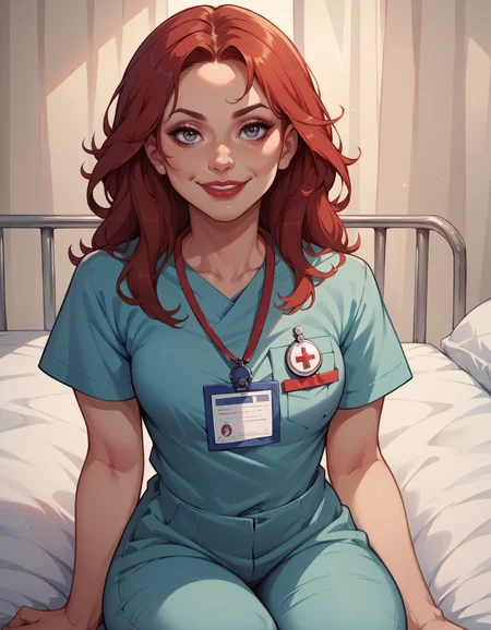 score_9, score_8_up, score_7_up, score_6_up, best quality, 1girl, long red hair, lipstick, hud_scrbs, short sleeves, shirt, pants, lanyard, pocket, <lora:modern_nurse-000008:0.8>, hospital, sitting on bed, light smile,