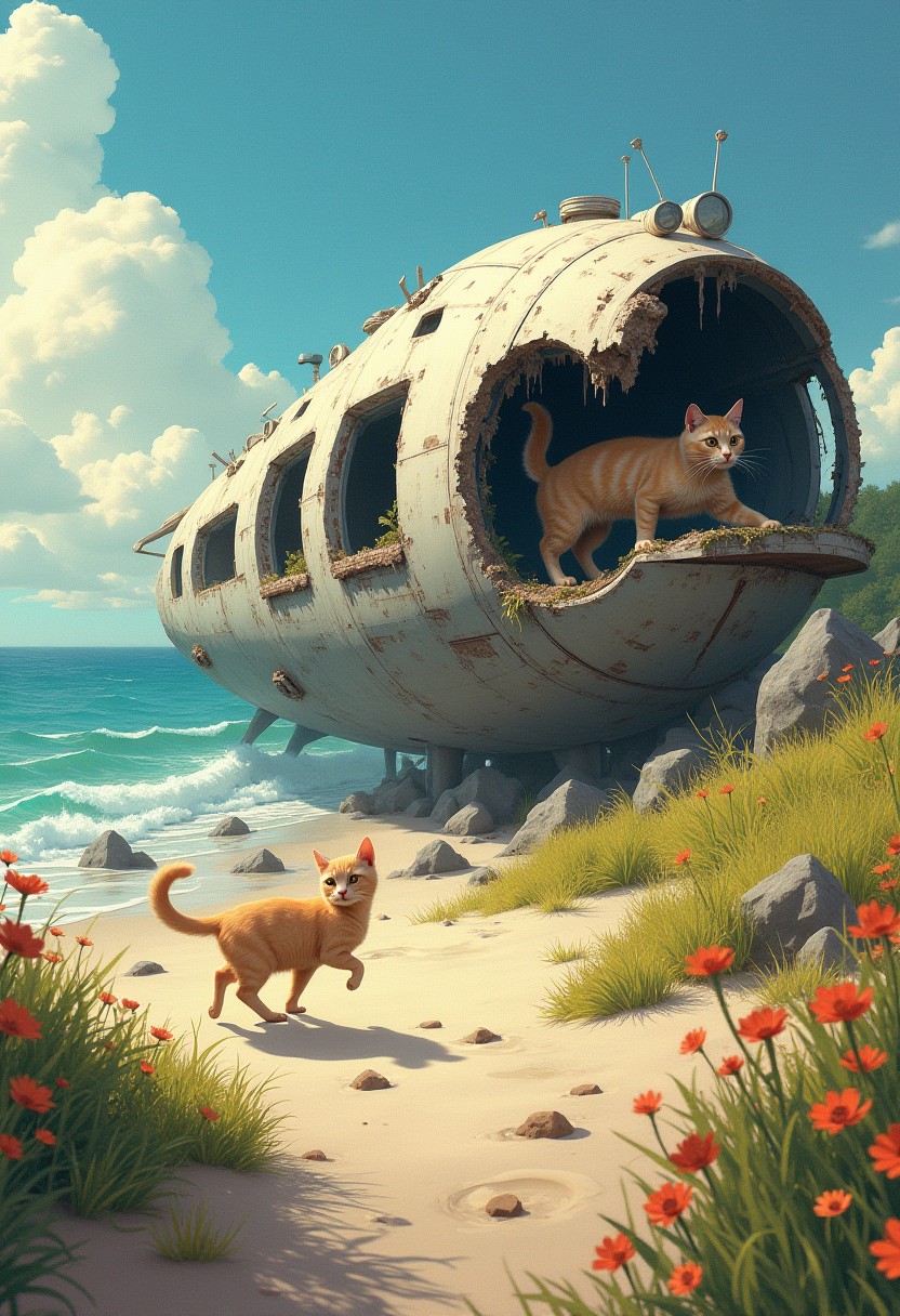 award-winning photography, photo of a cat inside a destroyed badly damaged space ship in a beautiful beach, Cats running around:1.5, (Broken windows, broken body, spare parts scattered nearby.) Grass and flowers grow around it. Sunny summer day. ocean. Calm and beautiful. Detailed art, many details, cute, adorable, fairytale, storybook detailed illustration, cinematic, ultra highly detailed, beautiful details, vibrant colors, complex background, fine art, best quality, hyper detailed, professional poster art, bold lines, award winning, trending on ArtStation , (intricate details, masterpiece, best quality:1.4), aesthetic and beauty, astounding details, high depth of field, f/4, framing, breakthrough, collodion process, soft particles, ageless atmosphere, (maroon and marigold colors:0.1),dark, chiaroscuro, low-key,, jen
