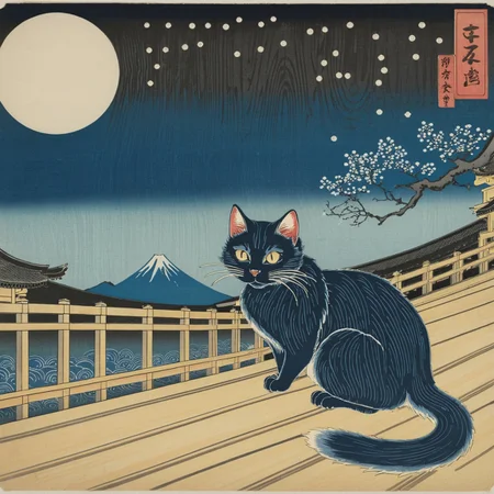 A mysterious Nekomata yokai, a supernatural two-tailed cat, sits atop the wooden rooftop of an Edo-period tea house, bathed in the eerie glow of a full moon. Its piercing yellow eyes glint with otherworldly intelligence as it gazes at the viewer, its forked tail flicking behind it. The creature’s thick fur is elegantly patterned with swirling sakura and flame-like markings, glowing subtly in the moonlight.
The wind rustles through the paper lanterns, casting flickering shadows on the dark wooden beams. Below, a few unsuspecting villagers pass through the narrow, lantern-lit streets of an Edo-period town, oblivious to the lurking yokai above. A misty haze drifts across the alleyways, adding an air of mystery.
The Nekomata’s long, sharp claws rest on the edge of the rooftop, while faint wisps of spectral fire dance around its paws, hinting at its dark supernatural powers. In the distance, the silhouette of Mount Fuji looms under a starry sky, with the classic ukiyo-e cloud motifs swirling around it.
The entire scene is rendered in the classic Edo-period Ukiyo-e woodblock print style, featuring bold linework, rich indigo and crimson tones, and intricate detailing reminiscent of Tsukioka Yoshitoshi’s supernatural prints. The textures mimic aged Japanese washi paper, with subtle ink bleed effects enhancing the authenticity of the Ukiyo-e aesthetic.