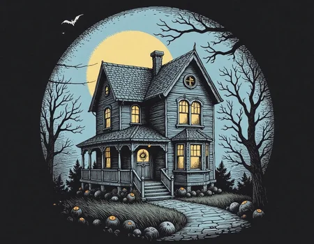 circular tshirt design, illustration of a haunted house, in the style of r0b3rt_crum8