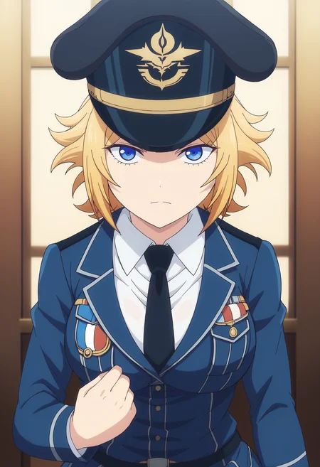 EBChris, 1girl, solo, looking at viewer, short hair, blue eyes, blonde hair, shirt, hat, closed mouth, jacket, white shirt, necktie, collared shirt, uniform, blue jacket, military hat, blue necktie,
 <lora:ChrisWestland-10:1> <lora:xl_more_art-full_v1:0.8>