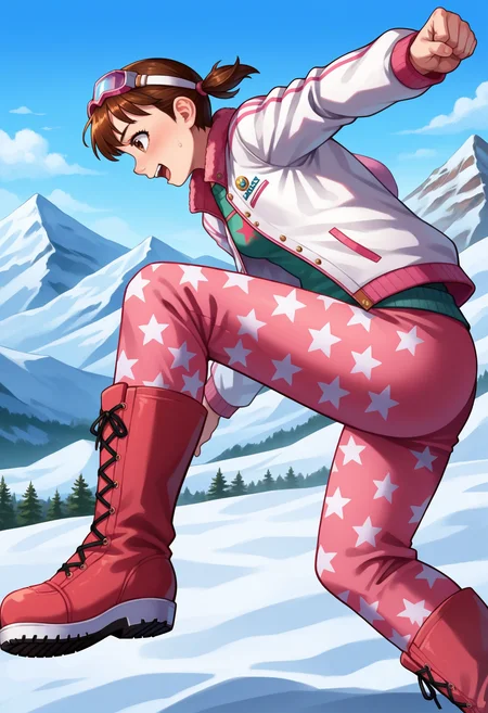 score_9,score_8_up,score_7_up,score_6_up,source_anime,1girl,<lora:TrickyKaoriPony:0.9>,trickykar,short hair,brown hair,twintails,goggles on head,jacket,pink pants,star print,boots,outdoors,mountain,action shot,snow,cold,midair,detailed background,happy,:d