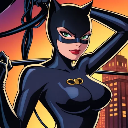 anime artwork of <lora:Catwoman:1.2>
Catwoman a cartoon catwoman is holding a whip In Gotham City Universe, anime style, key visual, vibrant, studio anime, highly detailed