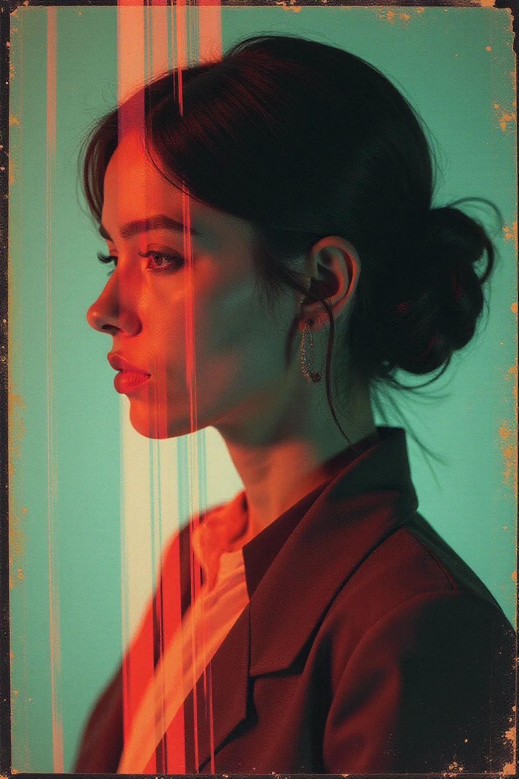 solargram effect, portrait of a person, avant-garde editorial cover inspired by dazed magazine, diffused soft light, film grain, mixed media screen print inspired by Hannah Höch, mark rothko,Guy Bourdin,hyper detailed