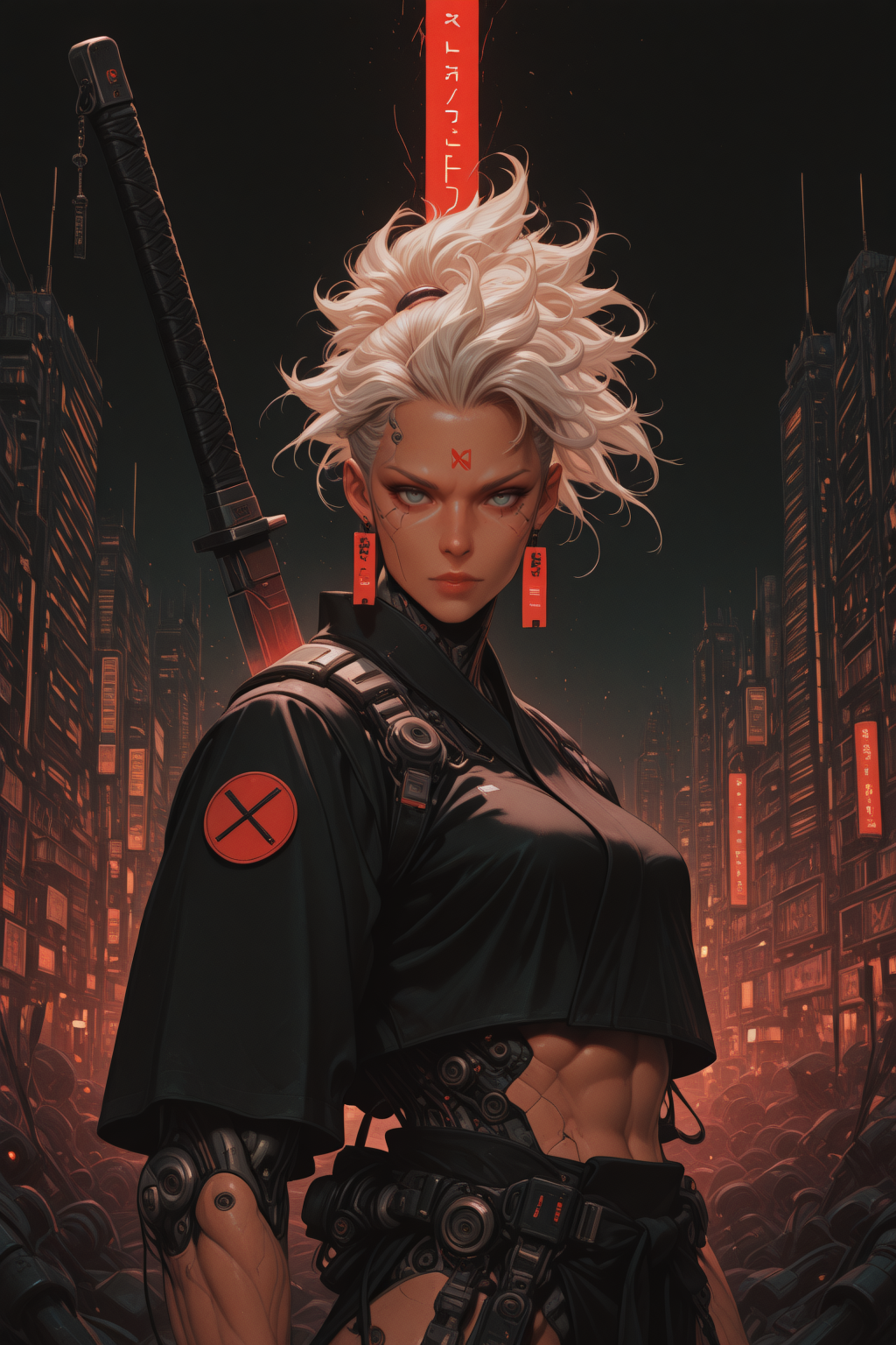 embedding:lazypos, namech, 1girl, solo, looking at viewer, gloves, sword behind back, closed mouth, jewelry, standing, upper body, earrings, tattoo, muscular, city skylines, abs, mecha, japanese clothes, swinging sword, body markings, cyberpunk, mech, dynamic pose, white hair <lora:NanoKage_v1.0_-_Illustrious:1> <lora:TrendCraft_The_Peoples_Style_Detailer-v1.0A-3_13_2025-illustrious:0.2>