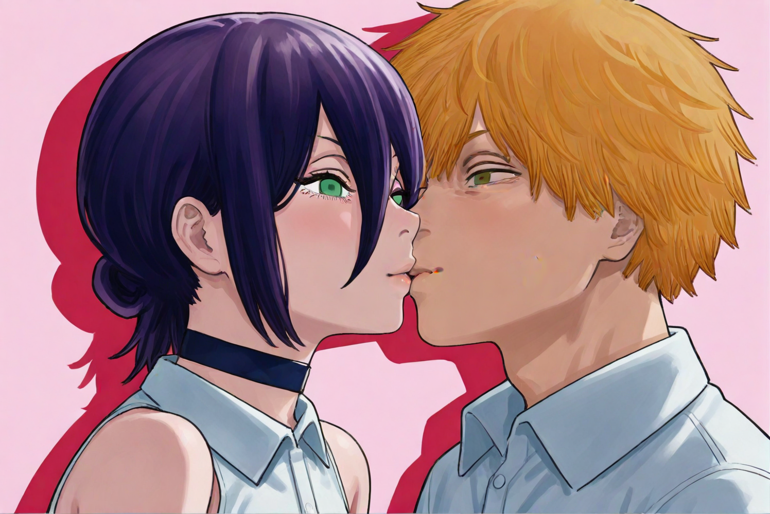 reze \(chainsaw man\),shirt,white shirt,sleeveless,collared shirt,sleeveless shirt,bare shoulders,lips,green eyes,purple hair,choker,hair between eyes,shadow,parted bangs,bare arms BREAK
(denji \(chainsaw man\):1.1),yellow hair,kiss,duo,from side,1girl and 1 boy,duo,
CSMcover-style,<lora:CSMcover-style_noob11_v3:0.9>,masterpiece,best quality,amazing quality,very aesthetic,absurdres,
