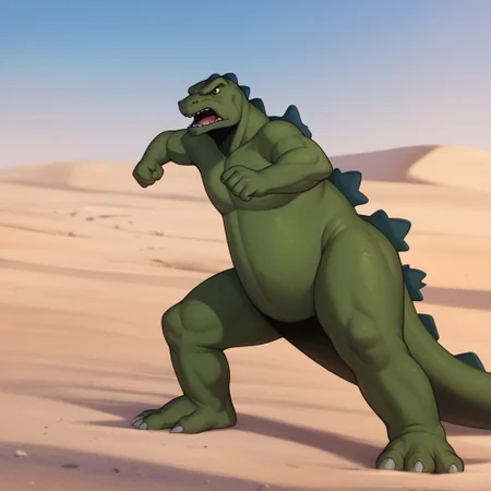 score_9, score_8_up, score_7_up, score_6_up, score_5_up, score_4_up, source_furry, godzilla78, feral, male, godzilla, green skin, fighting stance, desert, sand, angry