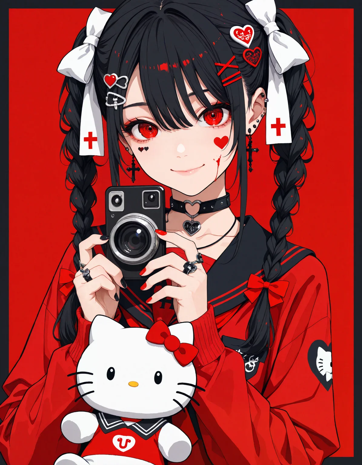 (flat_colors, vector_trace, incredibly_absurdres, very_aesthetic, zbrush_\(artwork\), digital_painting_\(artwork\))
(MCHI-Illu, border, ringed_eyes, maximalism, decora_\(fashion\), j-fashion, 1girl, solo, hello_kitty_print, holding_stuffed_toy, long_hair, looking_at_viewer, smile, bangs, simple_background, black_hair, eyebrows_visible_through_hair, hair_ornament, red_eyes, shirt, long_sleeves, original, bow, twintails, holding, school_uniform, hair_between_eyes, jewelry, closed_mouth, collarbone, braid, hair_bow, upper_body, heart, earrings, serafuku, choker, hairclip, sailor_collar, necklace, nail_polish, twin_braids, collar, red_bow, fingernails, neckerchief, sleeves_past_wrists, blood, hands_up, tattoo, black_bow, facial_mark, phone, cross, black_choker, ring, piercing, x_hair_ornament, white_bow, red_shirt, white_ribbon, bandaid, red_background, black_nails, ear_piercing, red_nails, dog, black_sailor_collar, holding_phone, camera, heart_hair_ornament, red_theme, bandaid_on_face, multiple_hair_bows, heart_choker, holding_camera, heart_tattoo)
