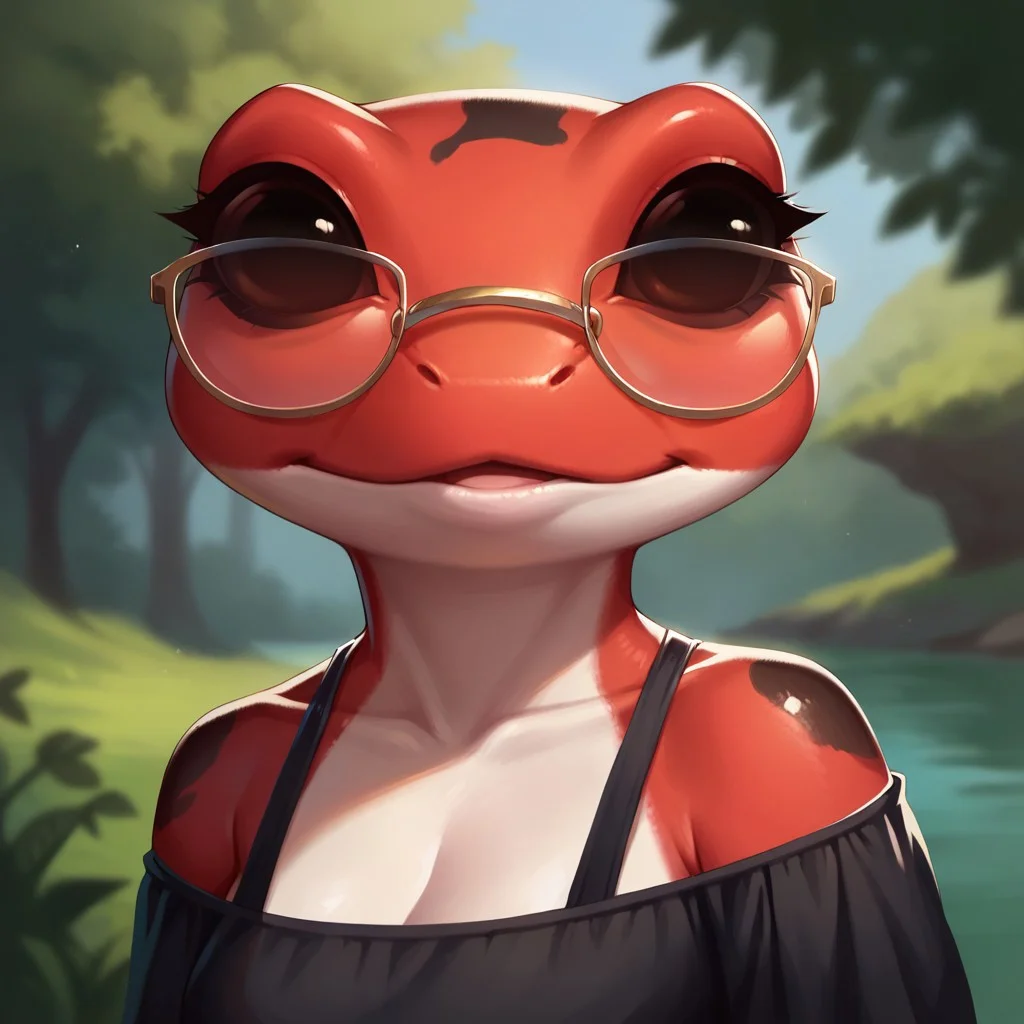 (((detailed, beautiful, high quality))), score_9, score_8_up, score_7_up, solo, upper body, portrait,
grungrace, anthro frog,
1 girl, female focus, red skin, glasses, black dress, spots,
looking at the viewer, posing,
blurred background, fantasy background,