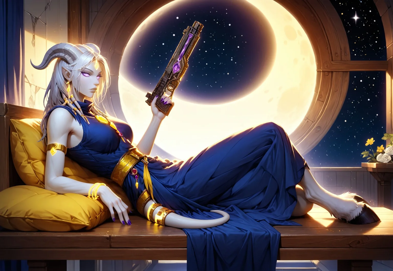 (absurdres, best quality, masterpiece:1.4), score_9, score_8_up, score_7_up, score_6_up, detailed, detailed body, detailed face, world of warcraft, fantasy, <lora:add-detail-xl:1.5>,
fFaceDetail, (female, draenei, h0rns, ram horns, white horns, tall, athletic arms, pale white skin, long white hair, purple eyes, long white tail, long fingers, purple fingernail polish),
(long loose blue dress, yellow silk scarf, tail under dress, simple armlet, small yellow gem pendant, small yellow gem earrings),
portrait, side view, looking to viewer, angered face, (lying down, lying on bench, lying on side),
GunMonk, shotgun, full body, side view, (window in background, outer space in background, stars, no clouds, moon), metal wall, limestone furniture, sitting at table, legs on table, leaning back in chair