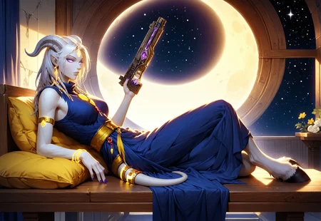 (absurdres, best quality, masterpiece:1.4), score_9, score_8_up, score_7_up, score_6_up, detailed, detailed body, detailed face, world of warcraft, fantasy, <lora:add-detail-xl:1.5>,
fFaceDetail, (female, draenei, h0rns, ram horns, white horns, tall, athletic arms, pale white skin, long white hair, purple eyes, long white tail, long fingers, purple fingernail polish),
(long loose blue dress, yellow silk scarf, tail under dress, simple armlet, small yellow gem pendant, small yellow gem earrings),
portrait, side view, looking to viewer, angered face, (lying down, lying on bench, lying on side),
GunMonk, shotgun, full body, side view, (window in background, outer space in background, stars, no clouds, moon), metal wall, limestone furniture, sitting at table, legs on table, leaning back in chair